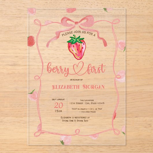 グリッターストロベリーフレームピンクのプライド赤ちゃんシャワー アクリル招待状 (正面)