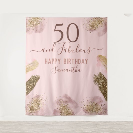 グリッターストロークピンクハピー50誕生日タペストリー タペストリー (正面)