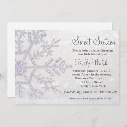 グリッタースノーフレークススウィート16冬招待状 招待状 (正面/裏面)
