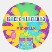 グリッタースライムカラフルバースデーパーティーの招待 ラウンドシール (正面)