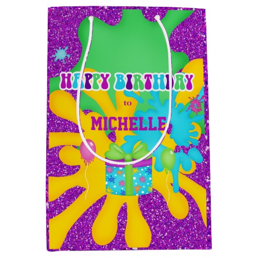 グリッタースライムカラフル誕生日包装紙 ミディアムペーパーバッグ (正面)