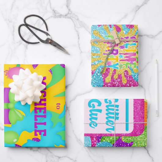 グリッタースライムカラフル誕生日包装紙 ラッピングペーパーシート (正面)
