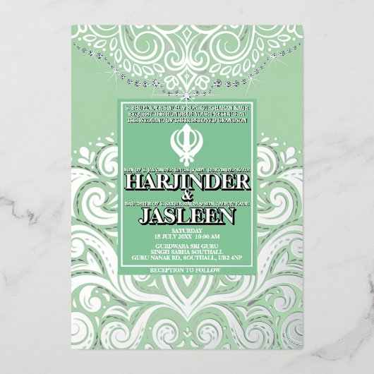 グリッターセージシルバー金ゴールドシーク・アナンド結婚・カラジ 箔招待状 (正面)