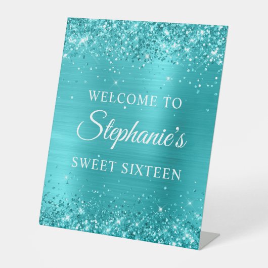 グリッターターコイズブルーフォイルSweet sixteen歓迎 台座サイン (正面)