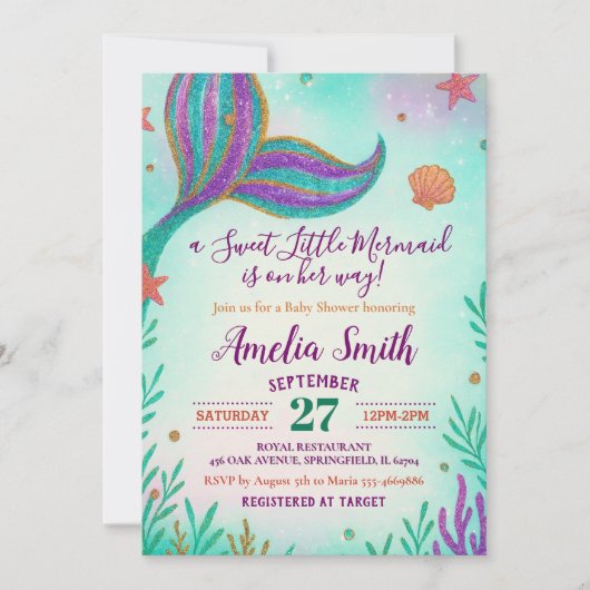 グリッターターコイズベビーガールマーメイドベビーシャワー 招待状 (正面)