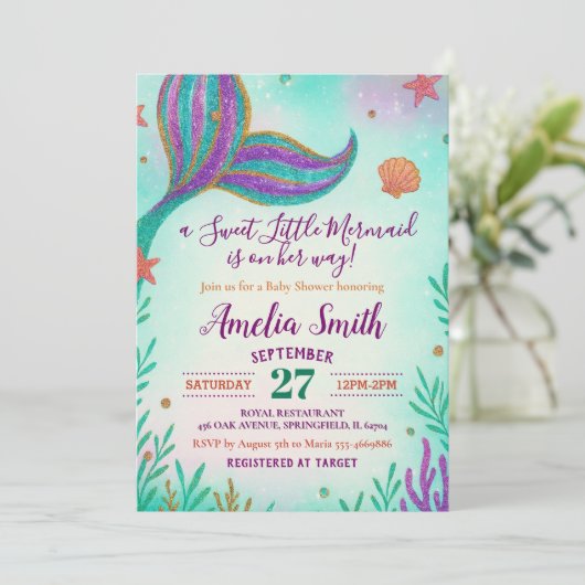 グリッターターコイズベビーガールマーメイドベビーシャワー 招待状 (スタンド正面)
