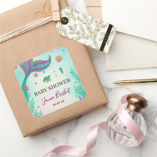 グリッターターコイズマーメイドベビーシャワー スクエアシール