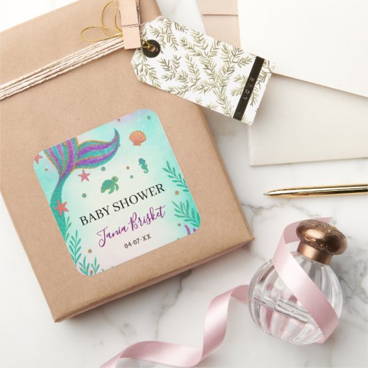 グリッターターコイズマーメイドベビーシャワー スクエアシール (ギフト)