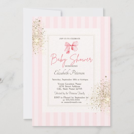 グリッターダストピンクボウストライプのベビーシャワー 招待状 (正面)