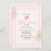 グリッターダストピンクボウストライプのベビーシャワー 招待状 (正面/裏面)