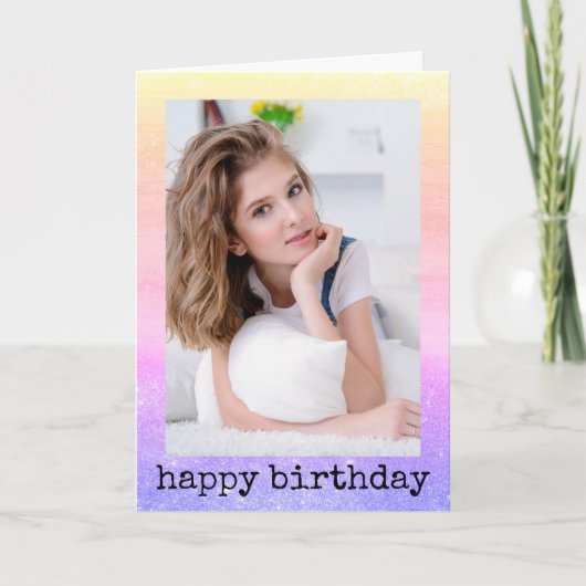 グリッターダストユニコーンレインボーガーリーフォト誕生日 カード (正面)