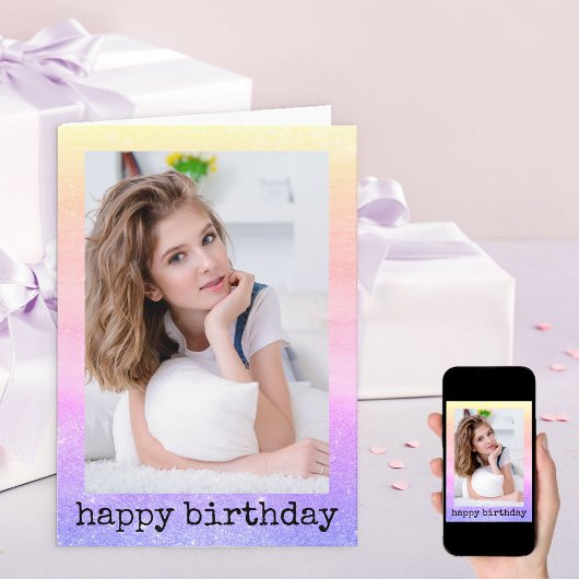 グリッターダストユニコーンレインボーガーリーフォト誕生日 カード