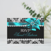 グリッターダマスク&ティール（緑がかった色）ジュエルボウスウィート16 RSVP (スタンド正面)