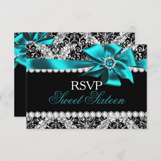グリッターダマスク&ティール（緑がかった色）ジュエルボウスウィート16 RSVP (正面/裏面)