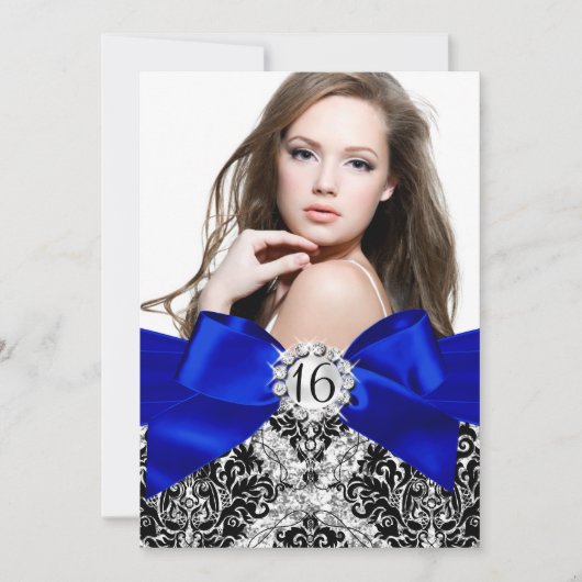 グリッターダマスク&ブ王室のルーボウ甘い16写真 招待状 (正面)