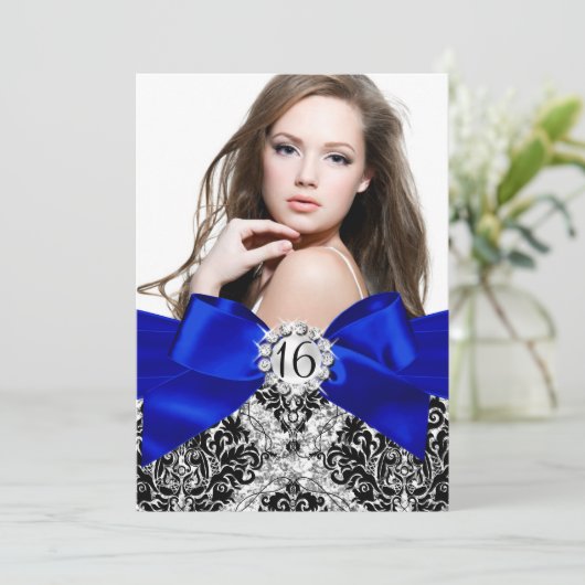 グリッターダマスク&ブ王室のルーボウ甘い16写真 招待状 (スタンド正面)