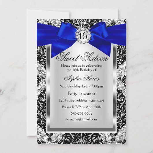 グリッターダマスク&ブ王室のルーボウ甘い16写真 招待状 (裏面)