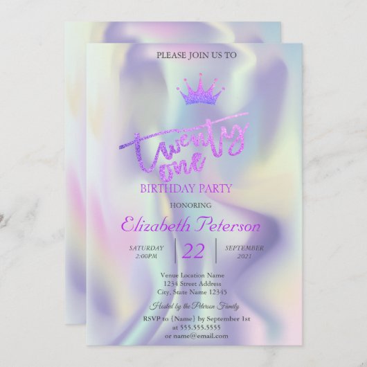 グリッターティアラホログラフィック21歳の誕生日パーティー 招待状 (正面/裏面)