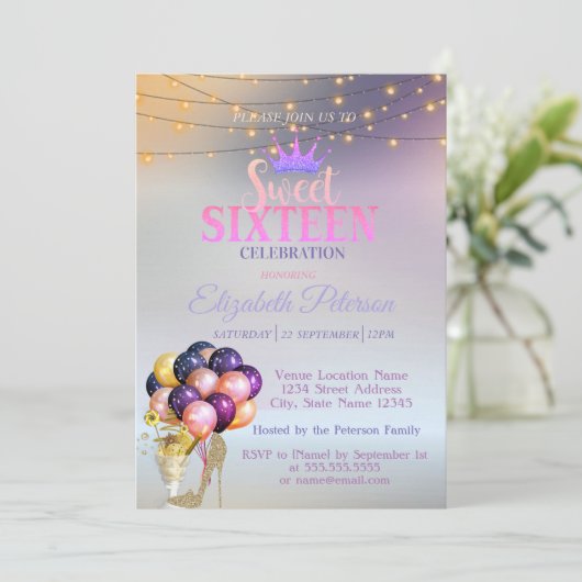 グリッターティアラ、コクテール、シルバースウィート16パーティー 招待状 (スタンド正面)