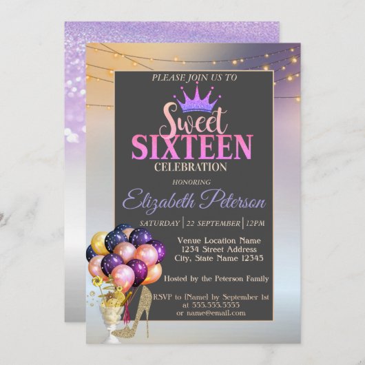 グリッターティアラ、コクテール、バルーン甘い16パーティー 招待状 (正面/裏面)