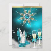 グリッターティール（緑がかった色）ハイヒールシルバー金ゴールドシャンパン 招待状 (裏面)