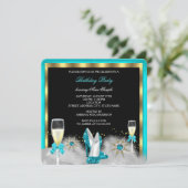 グリッターティール(緑がかった色)ハイヒールブラック金ゴールドシャンパン 招待状 (スタンド正面)