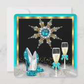 グリッターティール(緑がかった色)ハイヒールブラック金ゴールドシャンパン 招待状 (裏面)