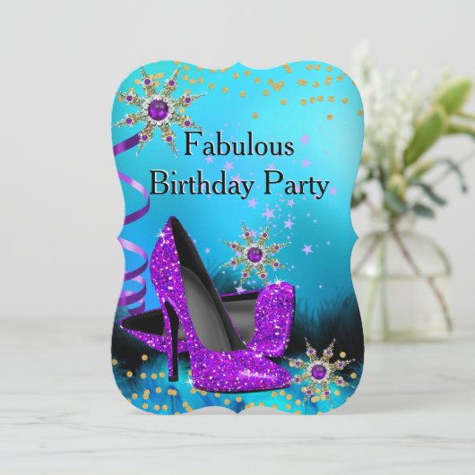 グリッターティール(緑がかった色)パープルハイヒールバースデーパーティー2 招待状 (スタンド正面)