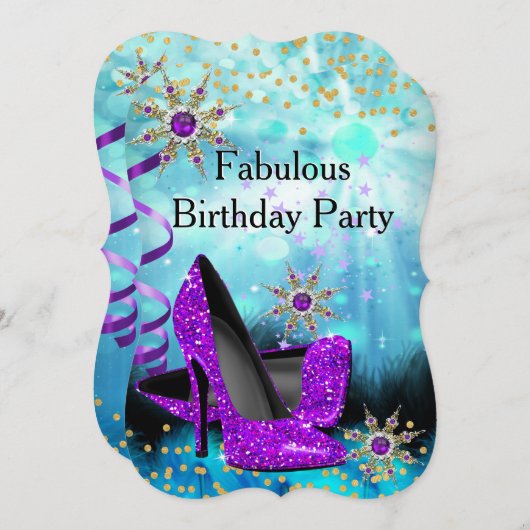 グリッターティール（緑がかった色）パープルハイヒールバースデーパーティー 招待状 (正面/裏面)