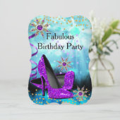 グリッターティール（緑がかった色）パープルハイヒールバースデーパーティー 招待状 (スタンド正面)