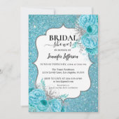 グリッターティール(緑がかった色)フローラブライダルシャワー招待 招待状 (正面)