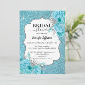 グリッターティール(緑がかった色)フローラブライダルシャワー招待 招待状 (スタンド正面)