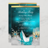 グリッターティール(緑がかった色)ブルーハイヒールシューズ金ゴールドシャンパン 招待状 (正面/裏面)