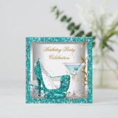 グリッターティール(緑がかった色)ブルーハイヒールシューズ金ゴールドマルティーニ 招待状 (スタンド正面)