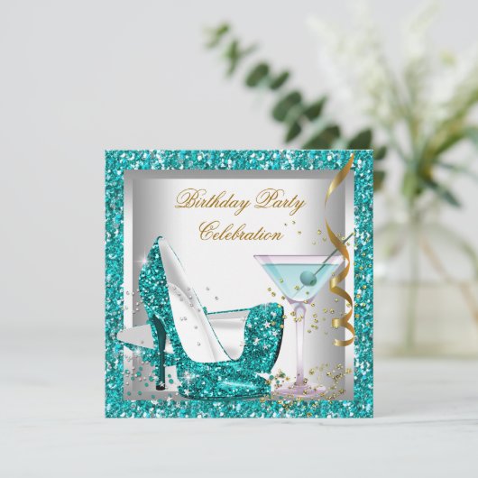 グリッターティール(緑がかった色)ブルーハイヒールシューズ金ゴールドマルティーニ 招待状 (スタンド正面)