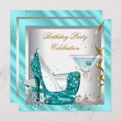 グリッターティール（緑がかった色）ブルーハイヒールシューズ金ゴールド誕生日2 招待状 (正面/裏面)