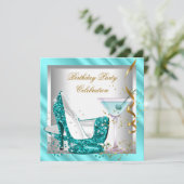 グリッターティール(緑がかった色)ブルーハイヒールシューズ金ゴールド誕生日2 招待状 (スタンド正面)