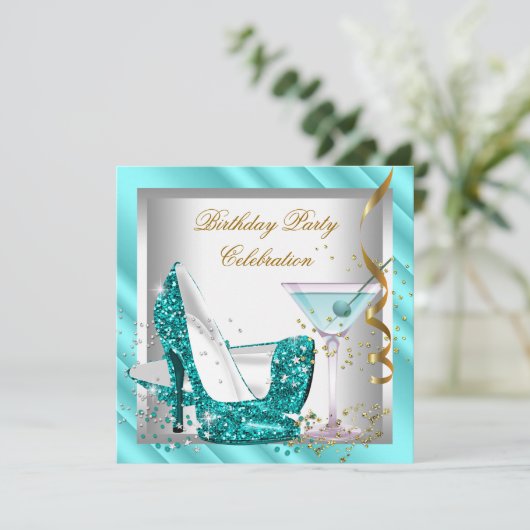 グリッターティール（緑がかった色）ブルーハイヒールシューズ金ゴールド誕生日2 招待状 (スタンド正面)