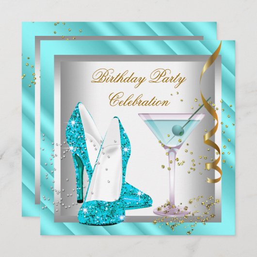 グリッターティール（緑がかった色）ブルーハイヒールシューズ金ゴールド誕生日 招待状 (正面/裏面)