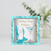 グリッターティール（緑がかった色）ブルーハイヒールシューズ金ゴールド誕生日 招待状 (スタンド正面)