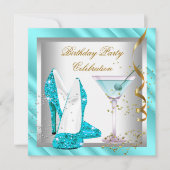 グリッターティール（緑がかった色）ブルーハイヒールシューズ金ゴールド誕生日 招待状 (正面)