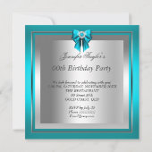 グリッターティール(緑がかった色)ブルーハイヒールシルバーバースデーパーティー 招待状 (裏面)