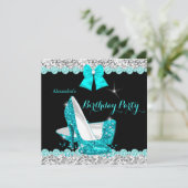 グリッターティール(緑がかった色)ブルーハイヒールシルバーバースデーパーティー 招待状 (スタンド正面)
