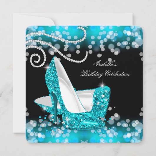 グリッターティール（緑がかった色）ブルーハイヒールダイヤモンド誕生日 招待状 (正面)