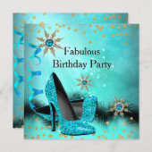 グリッターティール(緑がかった色)ブルーハイヒールバースデーパーティー 招待状 (正面/裏面)