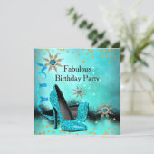 グリッターティール(緑がかった色)ブルーハイヒールバースデーパーティー 招待状 (スタンド正面)