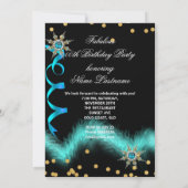 グリッターティール(緑がかった色)ブルーハイヒールブラックバースデーパーティー 招待状 (裏面)