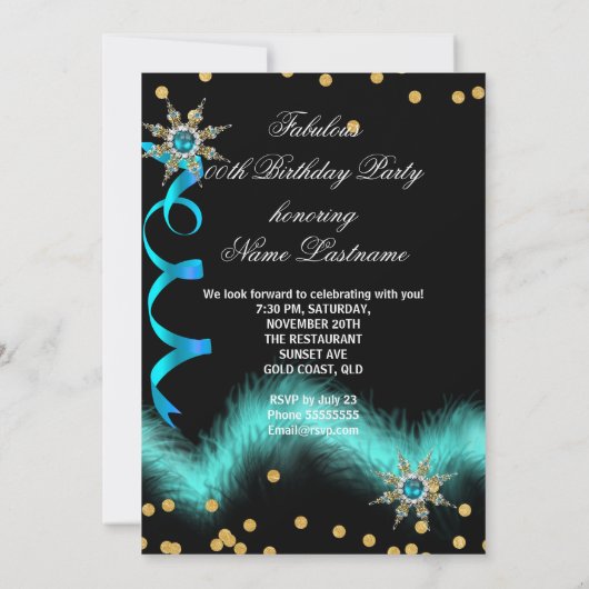 グリッターティール(緑がかった色)ブルーハイヒールブラックバースデーパーティー 招待状 (裏面)