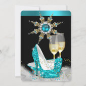 グリッターティール(緑がかった色)ブルーハイヒールブラック金ゴールドシャンパン 招待状 (裏面)