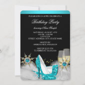 グリッターティール(緑がかった色)ブルーハイヒールブラック金ゴールドシャンパン 招待状 (正面)
